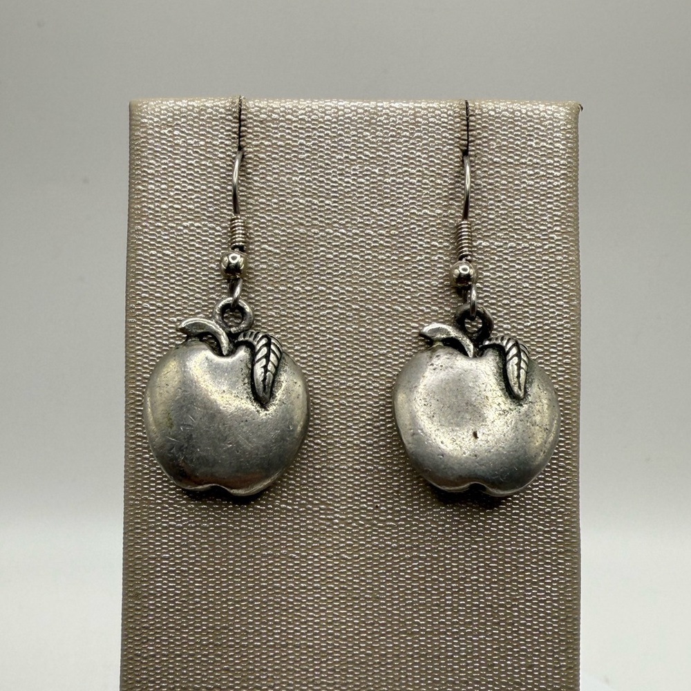 Silver Tone Apple Dangle Earrings